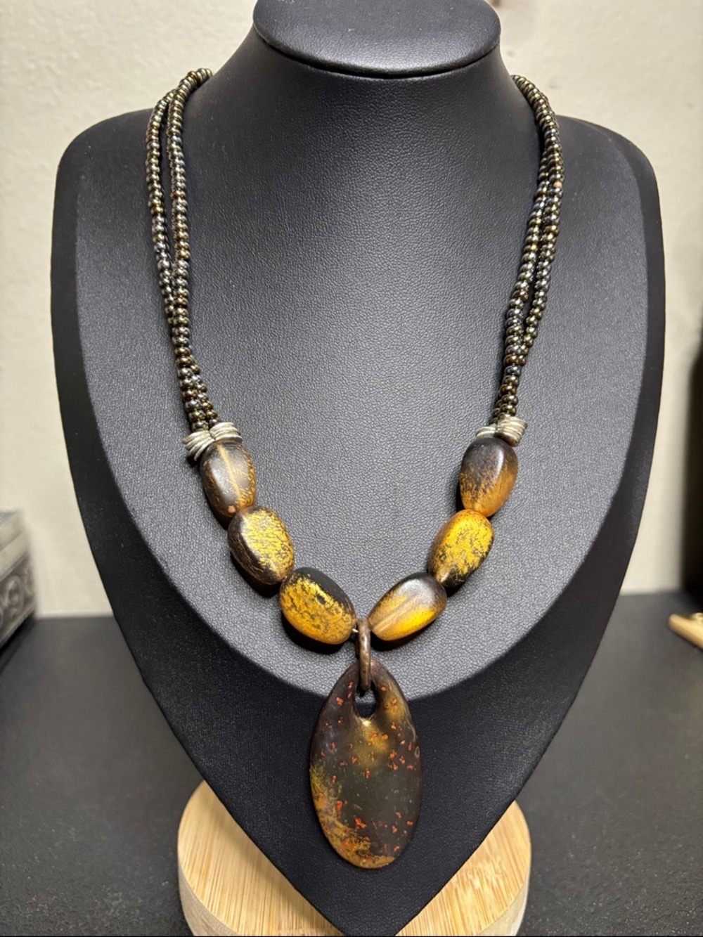 Chico's Gold and Brown Stone Metal Beaded Pendant Necklace Brutalist Boho